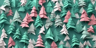 The primary subject of the image is a large number of pink and green paper trees. The setting is a green background, and the visual style is a combination of digital art and illustration. The dominant colors are pink and green, creating a lively and vibrant atmosphere.